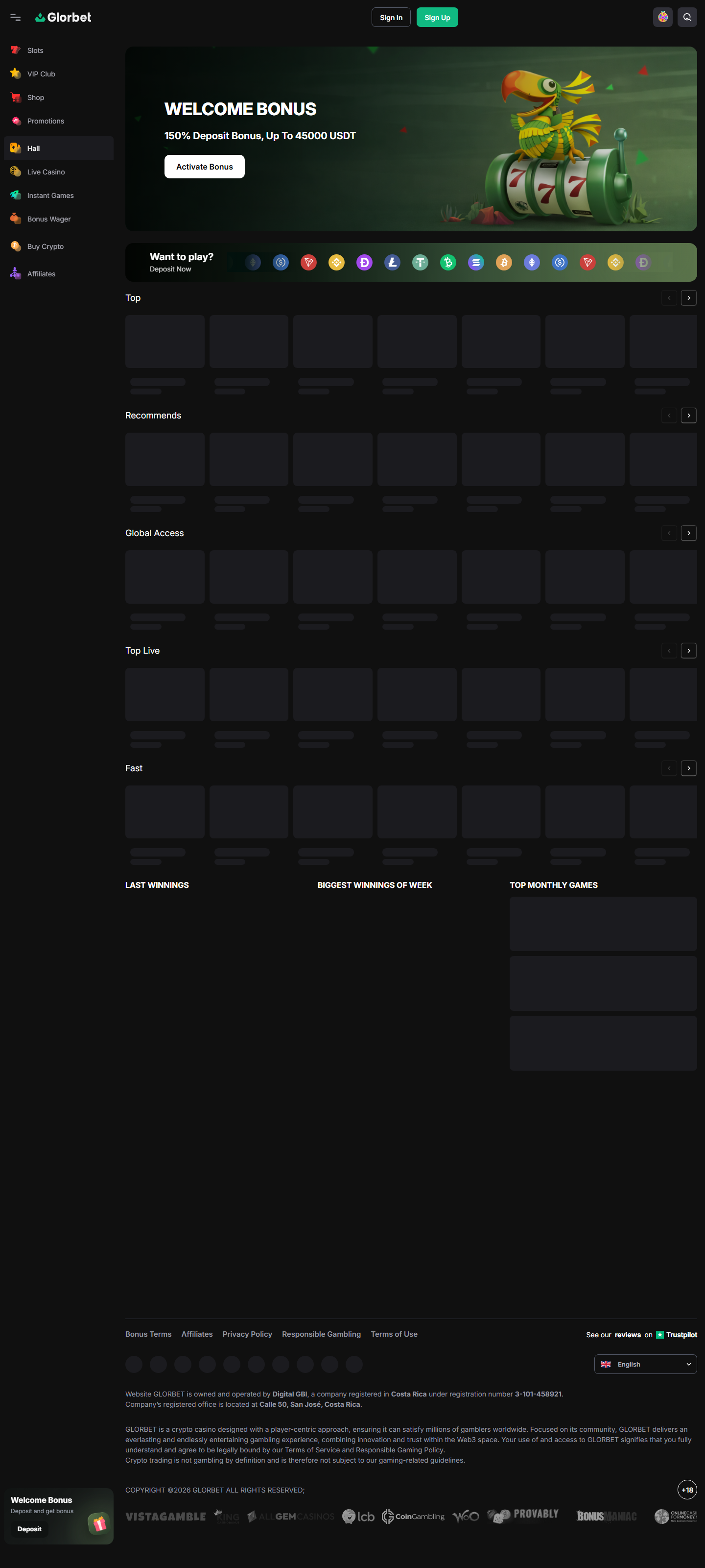 Long Glorbet lobby showing bonus crypto row and multiple game categories
