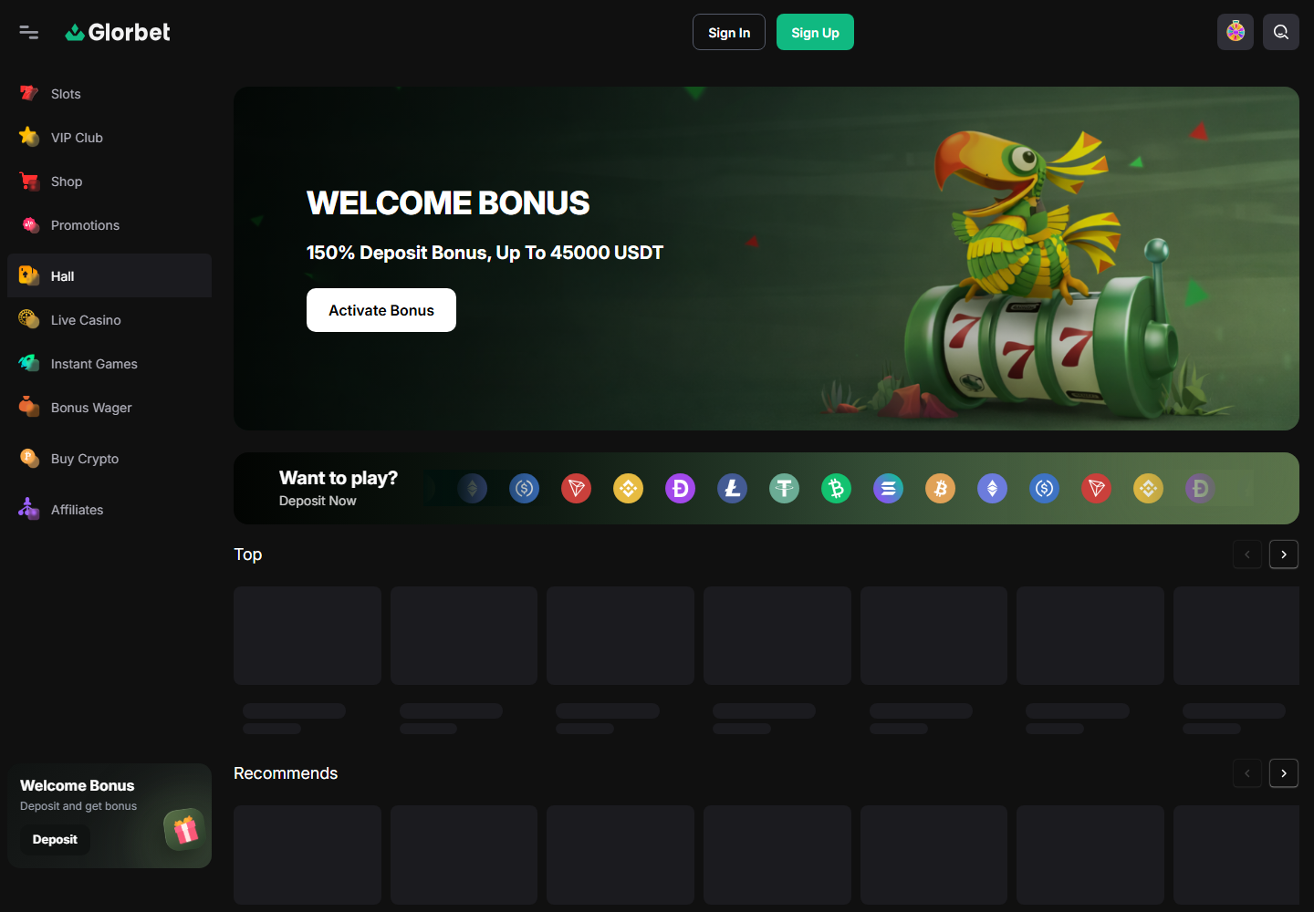 Glorbet desktop casino with welcome bonus and crypto payment strip