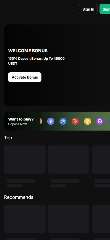 Glorbet mobile homepage with welcome offer crypto selector and Top row